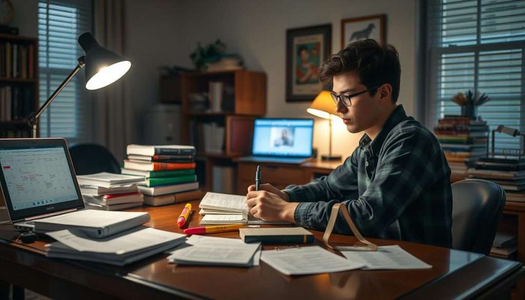 A dimly lit study room, filled with the warm glow of desk lamps and the soft hum of a "Studying Machine" in the corner. On the polished wooden table, carefully organized stacks of textbooks, highlighters, and a laptop displaying a calendar of upcoming exams. A student, deeply focused, takes notes with a thoughtful expression, surrounded by a collection of test preparation materials - flashcards, practice tests, and a detailed study plan. The atmosphere is one of concentration and determination, creating the perfect environment for mastering the strategies that will lead to academic success.