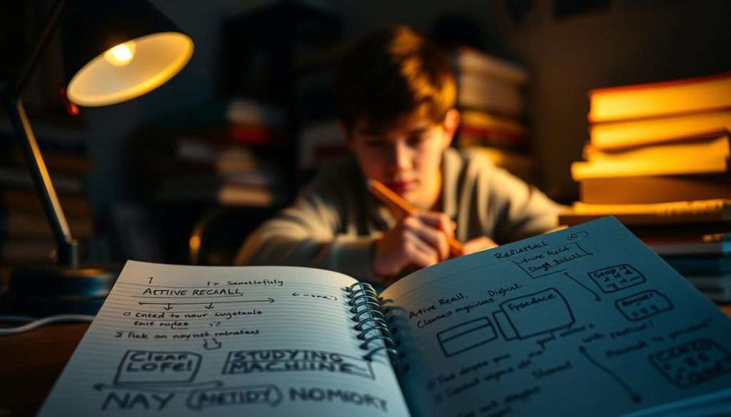 A dimly lit study room, illuminated by a single desk lamp casting a warm glow. In the foreground, a "Studying Machine" notebook sits open, its pages filled with scribbles and diagrams representing the process of active recall. In the middle ground, a young person intently focuses, pencil in hand, deeply engaged in the practice of retrieving information from memory. The background is blurred, hinting at stacks of books and a contemplative atmosphere, emphasizing the importance of this study technique. The scene conveys a sense of focused dedication, with subtle hints of the "Common Mistakes to Avoid When Using Active Recall" that the image is intended to illustrate.