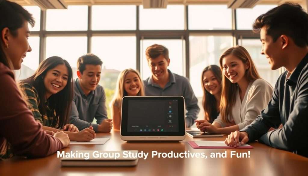 A group of young students gathered around a table, engaged in lively discussion and collaborative learning. The scene is bathed in warm, natural lighting, creating a cozy and inviting atmosphere. In the foreground, several students are actively exchanging ideas, their faces alight with enthusiasm. In the middle ground, a Studying Machine device sits prominently, its sleek design and intuitive interface drawing the eye. The background features a modern, minimalist classroom setting, with large windows allowing natural light to flood the space. The overall mood is one of productive energy and camaraderie, reflecting the "Social Learning: Making Group Study Productive and Fun" theme.
