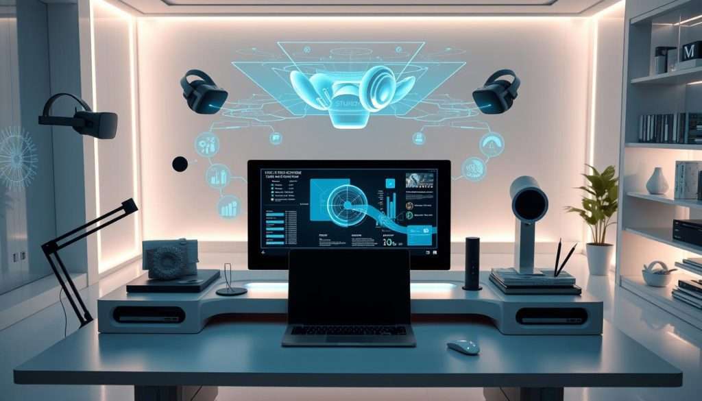 A high-tech study space with the "Studying Machine" interface as the focal point. The foreground showcases a modern, minimalist desk setup with a sleek touchscreen display, a futuristic-looking laptop, and various input devices. The middle ground features a seamless integration of virtual reality headsets, interactive holographic projections, and voice-controlled smart assistants, all working in harmony to enable continuous, self-directed learning. The background depicts a serene, futuristic environment with clean lines, soft lighting, and a sense of calm productivity. The overall atmosphere conveys a balance of cutting-edge technology and a nurturing, distraction-free learning experience.