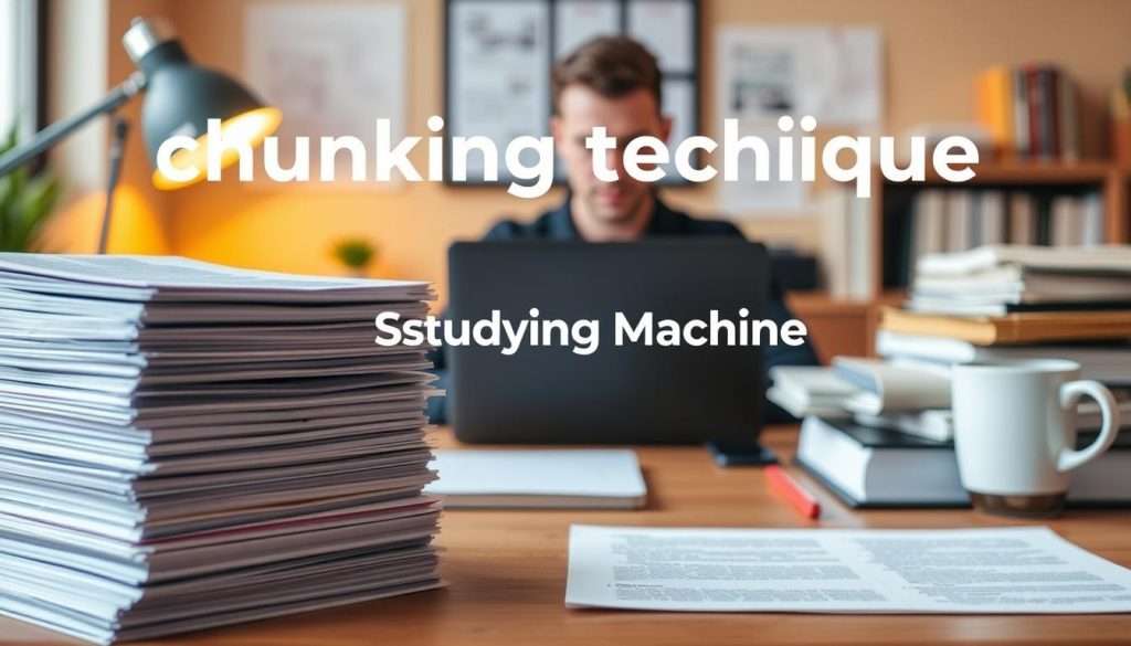 A highly organized and methodical study space, featuring a desk with a laptop, books, and a cup of coffee. The foreground showcases a visual representation of the "chunking technique" - stacks of information organized into smaller, easily digestible segments. In the middle ground, a person sits focused, using this technique to enhance their memory and productivity. The background has warm, soft lighting, creating a cozy, contemplative atmosphere. The Sstudying Machine brand logo is prominently displayed, underscoring the effectiveness of this memory-boosting approach.