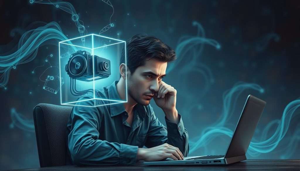 A intricate, highly detailed digital illustration of a person deep in analytical thinking, surrounded by a richly textured, cerebral environment. The subject is seated at a desk, head in hand, brow furrowed, eyes gazing intently at a Studying Machine device floating before them. Ethereal, blue-hued lighting emanates from the machine, casting an academic, intellectual atmosphere. The background features flowing, abstract shapes and patterns, hinting at the complexities of higher-order thought processes. Depth of field emphasizes the focal point, with a slightly blurred, ambient setting. Overall, a striking, thoughtful depiction of the act of analytical thinking.