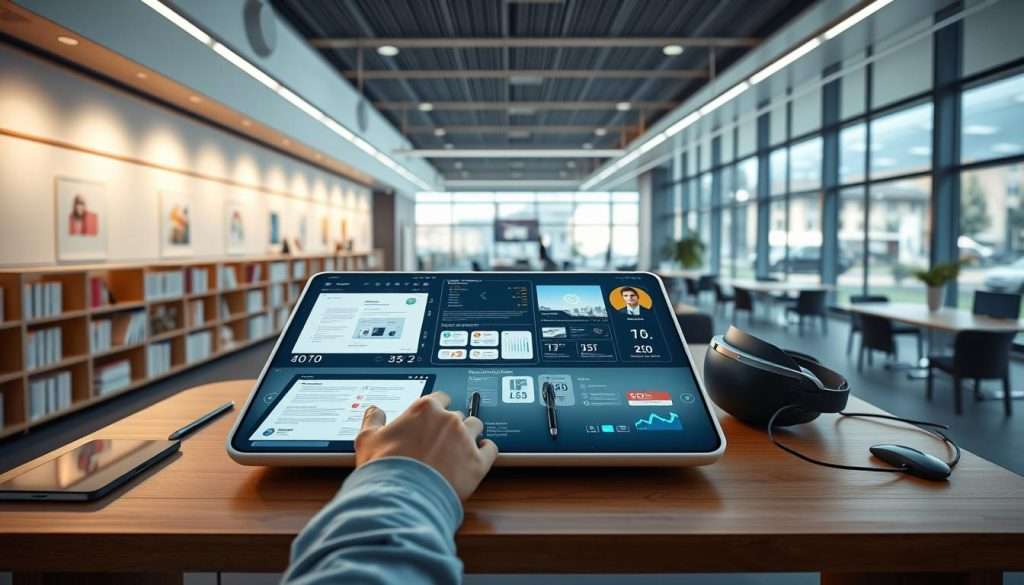 A modern, sleek "Studying Machine" sits on a minimalist wooden desk, its screens and interfaces casting a soft, ambient glow. In the foreground, a student's hand interacts with the device, navigating through virtual textbooks, research papers, and collaborative software. The middle ground features various academic tools - a tablet, a stylus, and a high-tech headset - arranged in an organized, ergonomic layout. The background showcases a sophisticated, technology-infused academic setting, with shelves of digital resources, holographic displays, and a panoramic window overlooking a bustling university campus.