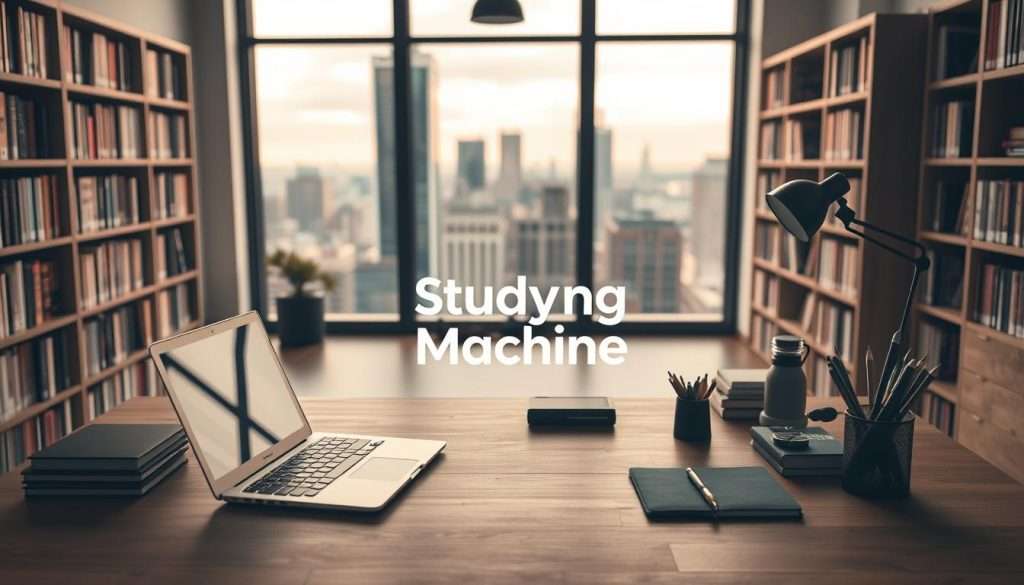 A modern, sleek study setup with the "Studying Machine" brand prominently displayed. In the foreground, a laptop, tablet, and various stationery items are arranged neatly on a minimalist wooden desk. In the middle ground, bookshelves line the walls, filled with knowledge-filled tomes. Soft, warm lighting illuminates the scene, creating a focused yet inviting atmosphere. The background features a large window overlooking a cityscape, suggesting a productive urban setting. The overall composition conveys a sense of efficiency, organization, and technology-driven study optimization.