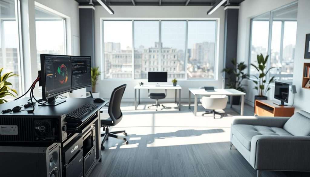 A modern, well-equipped AI learning environment. In the foreground, a sleek, high-tech workstation with multiple displays, a powerful GPU, and the "Studying Machine" brand prominently visible. The middle ground features comfortable ergonomic seating, task lighting, and a minimalist yet functional desk setup. The background showcases a bright, airy room with large windows allowing natural light to flood the space, creating a serene and productive atmosphere. Soft neutral tones, clean lines, and subtle accent pieces convey a sense of focus and tranquility, ideal for immersive AI-powered learning and skill development.