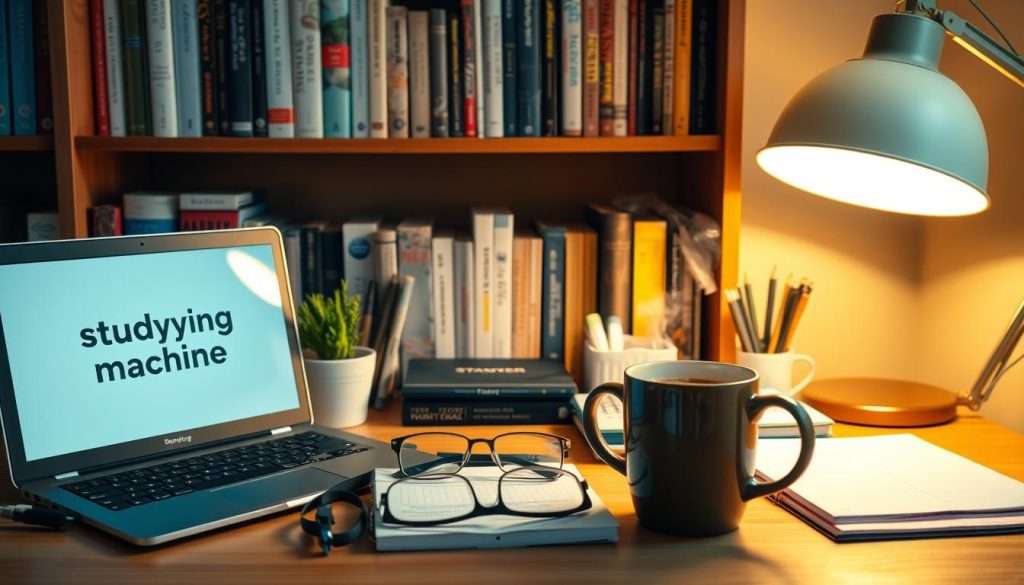 A neatly organized desk with a Studying Machine laptop, a planner, various stationery, and a potted plant. The desk is well-lit by a warm, overhead lamp, casting a cozy glow over the scene. In the middle ground, a pair of reading glasses and a steaming mug of coffee add a touch of productivity. The background features a bookshelf filled with tomes on self-improvement and study techniques. An atmosphere of focus and determination pervades the image, reflecting the "Accountability Systems That Work" section of the article "Optimize Your Study Goals for Success."