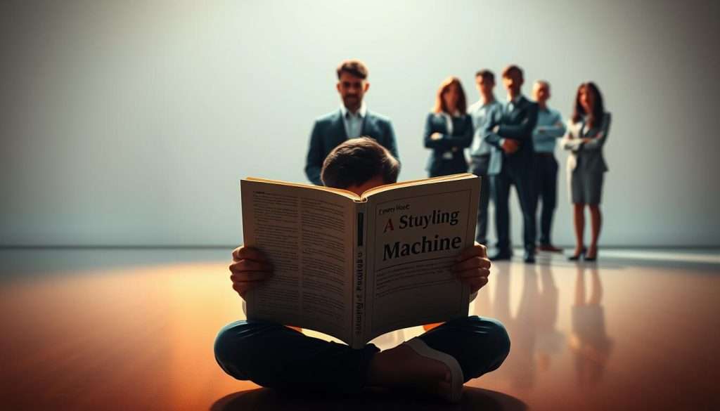 A serene and contemplative scene of the Dreyfus Model stages unfolding, captured in an artistic, photorealistic style. In the foreground, a person sits cross-legged, deeply engaged in a textbook labeled "Studying Machine", representing the novice stage. The middle ground depicts a confident individual, standing tall and poised, symbolizing the proficient stage. In the background, a group of professionals collaborate, their faces radiating wisdom and experience, signifying the expert stage. Soft, warm lighting casts a reflective glow, evoking a sense of growth and development. The composition is balanced and harmonious, inviting the viewer to ponder the nuances of professional progression.