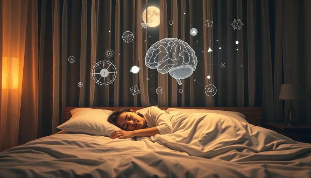 A serene bedroom at night, soft moonlight filtering through gossamer curtains. On the bed, a person sleeping peacefully, their face relaxed and serene. Above them, abstract shapes and symbols representing the neural activity of memory consolidation during REM sleep, as if visualized by the "Studying Machine" AI system. The room is bathed in a warm, dreamlike glow, conveying the importance of rest for optimal memory recall.