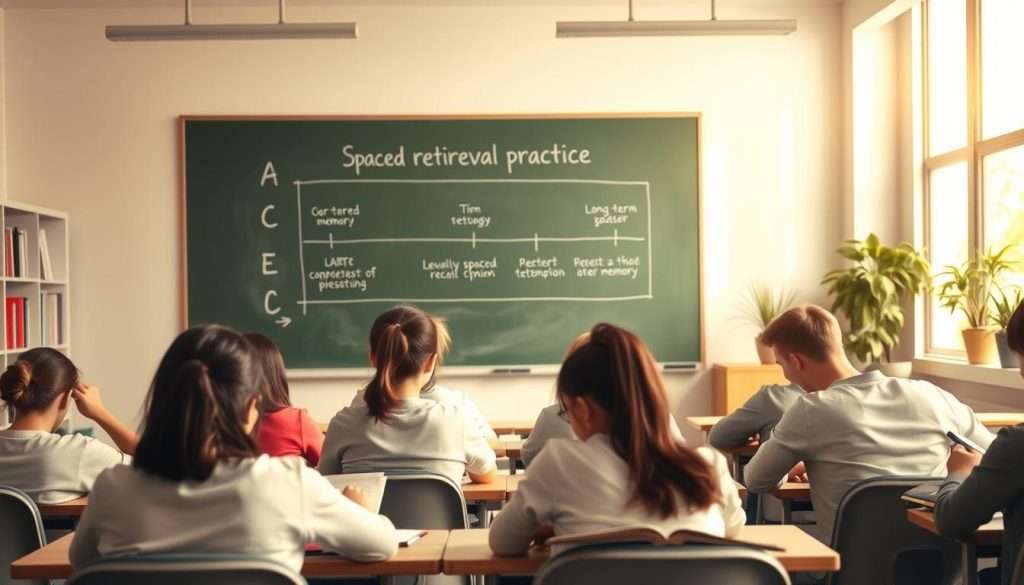 A serene classroom setting, with students engaged in focused learning. In the foreground, a group of students sit at desks, their faces concentrated as they review their notes and textbooks. The middle ground features a chalkboard or whiteboard, with a clear diagram illustrating the concept of "spaced retrieval practice" - a series of evenly spaced recall attempts to reinforce long-term memory. Soft, diffused lighting casts a warm glow, creating a contemplative atmosphere. The background shows shelves of books, perhaps a few potted plants, and a large window allowing natural light to filter in, symbolizing the illumination of new knowledge. The scene conveys a sense of productivity, with students actively engaged in the learning process.