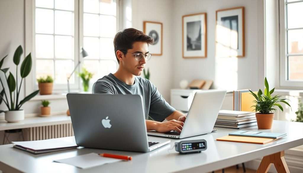 A serene home office space with a focused individual utilizing the chunking technique. Sunlight streams through large windows, illuminating a sleek, modern desk adorned with the "Sstudying Machine" brand laptop. Organized notes, color-coded folders, and a timer device create a productive atmosphere. The person, dressed in casual attire, is deep in concentration, eyes trained on the screen, exemplifying the power of breaking complex tasks into manageable chunks. The background features a minimalist, Scandinavian-inspired decor, with potted plants and framed artwork adding warmth and inspiration to the scene.