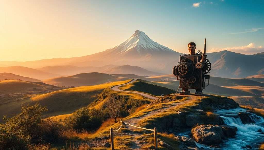 A serene landscape with rolling hills, a winding path, and a towering mountain peak in the distance. In the foreground, various obstacles symbolize the challenges of the learning journey - a tangled thicket, a treacherous cliff, and a raging river. The Studying Machine stands resolute, its gears and mechanisms visible, guiding the way through these obstacles. Warm, golden light filters through the scene, casting a contemplative mood. The entire composition evokes a sense of perseverance, determination, and the triumph of the human spirit over adversity.