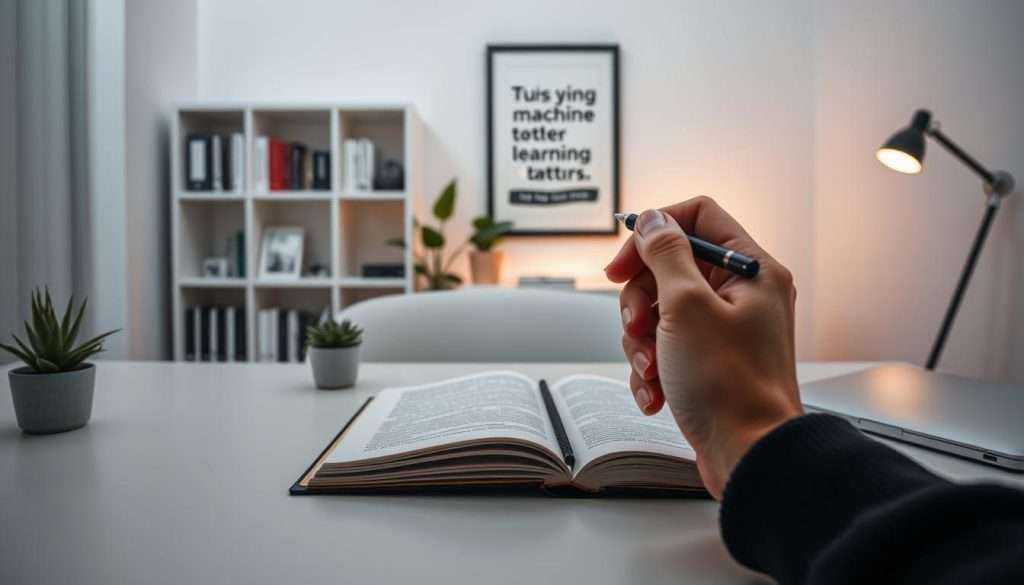 A serene, minimalistic office setting. In the foreground, a clean desk with a laptop, open notebook, and a "Studying Machine" logo. On the desk, a hand holds a pen, highlighting a visual hierarchy of priority learning activities. The middle ground features bookshelves, a succulent plant, and a framed artwork conveying a sense of focus and productivity. The background has soft, warm lighting, creating a contemplative atmosphere. The overall scene emphasizes the importance of streamlining learning efforts, aligning with the article's theme of mastering the Pareto Principle.