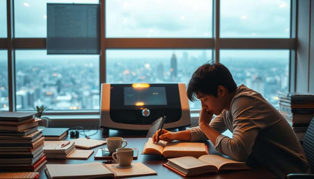 A serene study space, bathed in warm lighting, showcases a "Studying Machine" - a sleek, futuristic device at the center. Intricate circuits and glowing displays hint at its advanced capabilities to assist in mastering complex subjects. In the foreground, a person leans over an open textbook, deep in thought, surrounded by a thoughtfully curated workspace - stacks of reference materials, a notebook, and a steaming mug of tea. The background reveals a panoramic view of a bustling cityscape, a testament to the power of focused learning amidst the distractions of modern life.