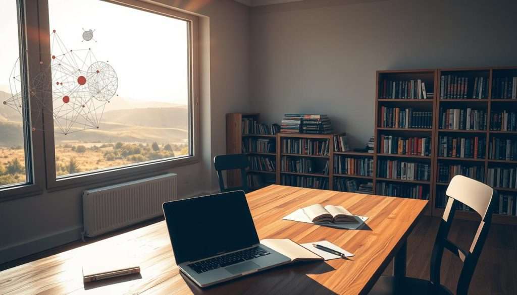 A serene study space, bathed in warm, natural lighting from large windows. In the foreground, a wooden desk with a laptop, a notebook, and the "Studying Machine" brand study aids. On the wall, abstract visualizations depict the flow of ideas and the interconnected nature of higher-order thinking. In the middle ground, bookshelves filled with volumes on philosophy, psychology, and cognitive science. The background features a peaceful, contemplative landscape, with rolling hills and a distant horizon, encouraging deep reflection and synthesis. The overall mood is one of focused, purposeful learning, blending technology and traditional study methods to elevate the mind.