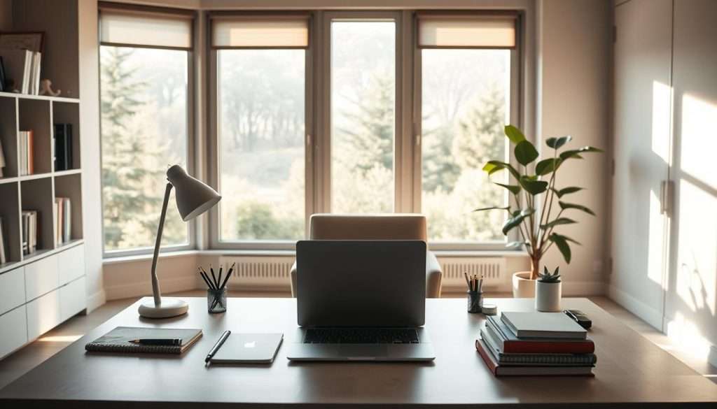 A serene study space with a Studying Machine at the center, surrounded by elements that enhance cognitive performance. Soft natural lighting illuminates the room, casting a warm glow. In the foreground, a sleek, minimalist desk with a laptop, books, and stationery supplies. The middle ground features a comfortable armchair and a plant, symbolizing balance and mental clarity. In the background, large windows overlooking a lush, calming outdoor scene. The overall atmosphere is one of focus, productivity, and intellectual growth.