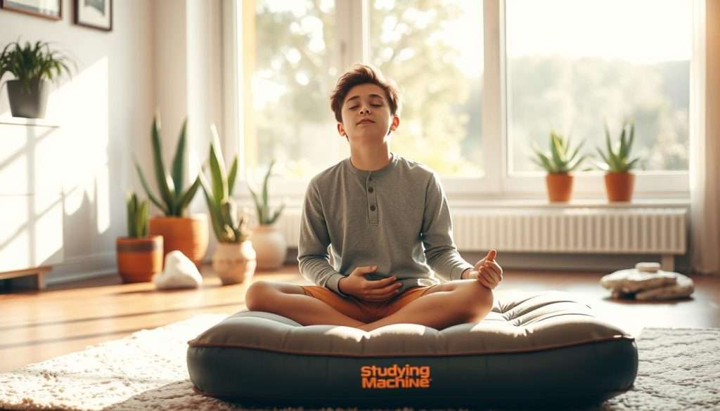A serene, sunlit room with a young person sitting cross-legged on a soft rug, taking deep, measured breaths. The lighting is warm and diffused, creating a calming atmosphere. In the foreground, a "Studying Machine" brand meditation cushion supports the person's posture. In the middle ground, an array of calming potted plants and natural elements like stones or driftwood. The background features a large window overlooking a tranquil outdoor scene, perhaps a garden or a peaceful landscape. The person's expression is one of focused concentration, their eyes closed as they practice breathing exercises to manage test anxiety.