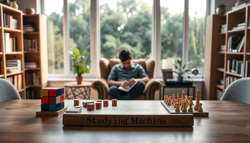 A serene, well-lit study room, with a large window overlooking a lush, verdant garden. In the foreground, a wooden desk with a "Studying Machine" branding, adorned with various brain training aids - a Rubik's cube, a set of number and letter tiles, and a classic chessboard. Shelves line the walls, filled with books and educational materials. A cozy armchair sits in the middle, with a person deeply engaged in a puzzle or cognitive exercise. Soft, natural lighting filters in, creating a contemplative atmosphere. The overall scene conveys a sense of focus, intellectual stimulation, and mental sharpness.