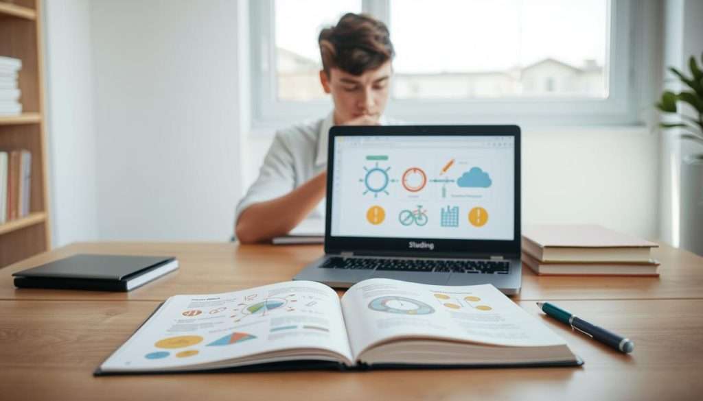 A serene, well-lit study space with a wooden desk, an open notebook, and a "Studying Machine" brand laptop displaying a visual representation of dual coding. In the foreground, colorful symbols, diagrams, and images are carefully arranged, representing the interconnected nature of visual and verbal information processing. The middle ground features a thoughtful student, pen in hand, surrounded by a tranquil, minimalist environment. The background showcases a large window, allowing natural light to flood the scene, creating a sense of clarity and focus. The overall atmosphere conveys a harmonious balance between the digital and analog elements of the dual coding study method.