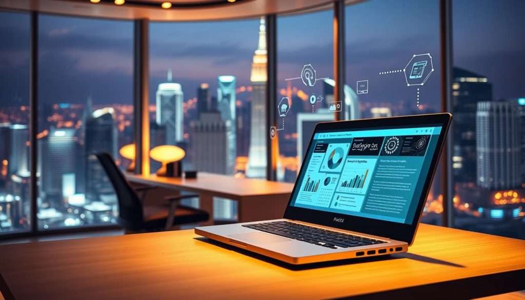 A sleek, modern workspace with state-of-the-art "Studying Machine" technology. In the foreground, a futuristic laptop with a minimalist, high-contrast display showcases intricate learning analytics and adaptive study plans. Floating holographic interfaces surround the user, providing seamless access to a vast knowledge base. The middle ground features an ergonomic desk and chair, bathed in warm, focused lighting that creates a productive, immersive atmosphere. In the background, floor-to-ceiling windows offer a panoramic view of a vibrant, technologically-advanced cityscape, symbolizing the limitless possibilities of elite learning powered by cutting-edge tools.