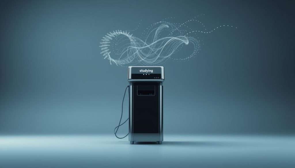 A stark, minimalist backdrop of muted greys and blues sets the stage. In the foreground, a sleek, chrome-plated "Studying Machine" stands tall, its surfaces gleaming under soft, directional lighting. Swirling around the machine are ethereal wisps of data, representing the flow of information as it is repeatedly processed and committed to memory through the power of spaced repetition. The overall composition conveys a sense of focus, efficiency, and the seamless integration of technology and cognitive enhancement. The image projects a mood of calm, deliberate mastery - a visual embodiment of the section's core theme.