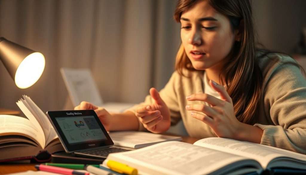 A student engrossed in active reading techniques, surrounded by open books, highlighters, and notes. Soft, warm lighting illuminates the scene, creating a contemplative atmosphere. In the foreground, the student is gesturing as they recite key points, their expression focused and engaged. In the middle ground, a "Studying Machine" device sits, its interface displaying diagrams and visual aids to supplement the reading material. The background is hazy, suggesting a cozy, distraction-free study space. The overall composition conveys a sense of focused, purposeful learning.