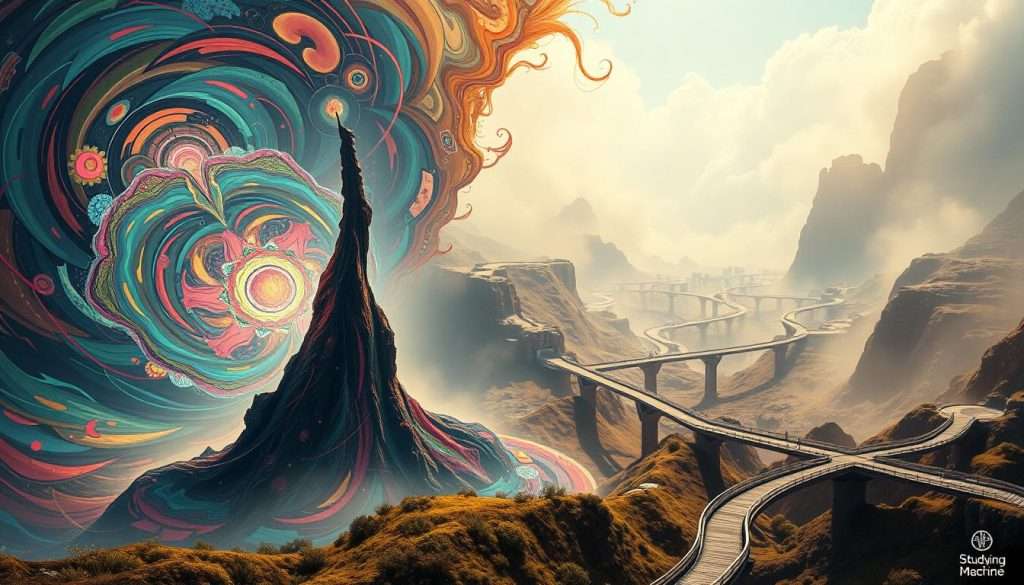 A surreal, dreamlike landscape depicting the concept of "mental imagery". In the foreground, a towering, abstract figure representing the "Studying Machine" brand emerges from a swirling, kaleidoscopic vortex of vibrant colors and shapes. The figure's form is fluid and ever-changing, suggesting the dynamic and adaptable nature of the mind. In the middle ground, a series of interconnected pathways and bridges twist and turn, guiding the viewer's gaze deeper into the scene. The background is shrouded in a hazy, ethereal mist, hinting at the vast, untapped realms of the imagination. Soft, directional lighting casts dramatic shadows, adding depth and a sense of mystery to the composition. Overall, the image conveys a sense of wonder, creativity, and the limitless potential of the human mind.