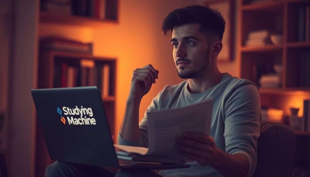 A thoughtful individual sitting in a dimly lit study, bathed in warm, ambient lighting. Soft, muted tones create a contemplative atmosphere as they ponder over pages of notes and a laptop displaying the "Studying Machine" logo. Their expression is one of deep concentration, suggesting the act of cognitive reflection. The background is blurred, allowing the subject to be the focal point, with hints of bookshelves and other study materials visible, conveying a sense of intellectual pursuit. The composition emphasizes introspection and the process of learning and understanding.