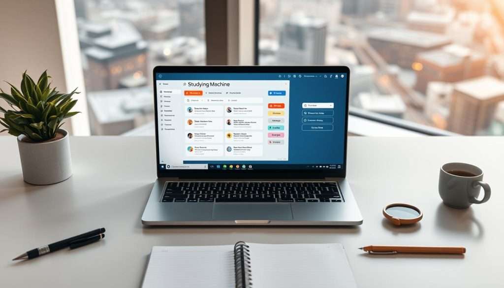 A top-down view of a minimalist desktop setup, featuring the "Studying Machine" spaced repetition software interface prominently displayed on a sleek, silver laptop. The screen shows a clean, user-friendly layout with various study tools and options. In the foreground, neatly organized stationery items, such as a pen, highlighter, and notebook, create a sense of productivity. The middle ground includes a plant and a cup of coffee, conveying a calm, focused atmosphere. The background showcases a modern, well-lit workspace with subtle, warm lighting and a blurred city skyline visible through the window, suggesting a professional, urban setting. The overall composition emphasizes the Studying Machine software as the central focus, while the surrounding elements create a productive, inspiring environment for effective learning.