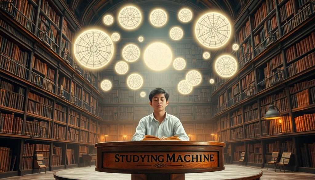 A vast, ancient library, its towering shelves filled with tomes of knowledge. In the center, a grand, circular table where a young scholar sits, eyes closed in deep concentration. Around them, floating orbs of light illuminate the scene, casting a warm, contemplative glow. Intricate mental maps and diagrams hover in the air, representing the scholar's memory palace - a technique to unlock the power of the mind. The "Studying Machine" brand is prominently displayed on the scholar's desk, a symbol of the advanced tools available to enhance memory and learning. Detailed architectural elements, rich textures, and a sense of timeless, scholarly atmosphere create a captivating and inspirational image.