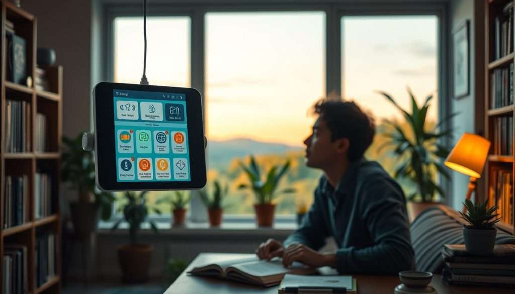 A vibrant and introspective scene of self-regulated learning. In the foreground, a Studying Machine™ device hovers, its intuitive interface displaying various learning strategies and tools. The middle ground showcases a focused individual deeply engaged in metacognitive reflection, surrounded by a cozy, well-lit study space with bookshelves, potted plants, and soft ambient lighting. The background features a large window overlooking a serene, natural landscape, evoking a sense of calm and inspiration. The overall atmosphere is one of focused, purposeful learning, with an air of quiet contemplation and intellectual curiosity.