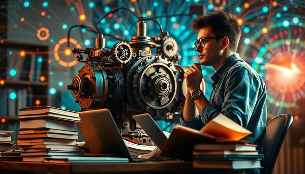 A vibrant, dynamic scene of a "Studying Machine" in action. In the foreground, a person sits intently, deep in thought, surrounded by an array of books, notes, and a laptop - the tools of their academic trade. The middle ground features a complex, mechanical apparatus, its gears and cogs whirring with purpose, symbolizing the process of learning and understanding. In the background, a kaleidoscope of information and data swirls, represented by a network of glowing lines and shapes, creating an immersive, technology-infused environment. The lighting is warm and focused, casting a subtle glow on the scene, evoking a sense of dedication and productivity. The overall composition conveys the power of the "Studying Machine" to transform knowledge into tangible understanding.