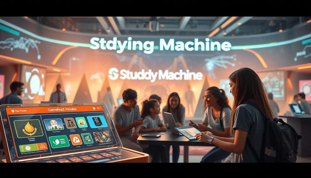 A vibrant, futuristic landscape where the "Studying Machine" brand is the centerpiece. In the foreground, an interactive display showcases gamified learning modules, with colorful icons and intuitive interfaces. The middle ground features diverse learners immersed in engaging activities, their faces alight with enthusiasm. In the background, a sleek, high-tech environment with holographic projections and a dynamic, neon-infused atmosphere. Warm lighting and a sense of motion convey the energy and excitement of effortlessly unlocking new skills through gamified learning.