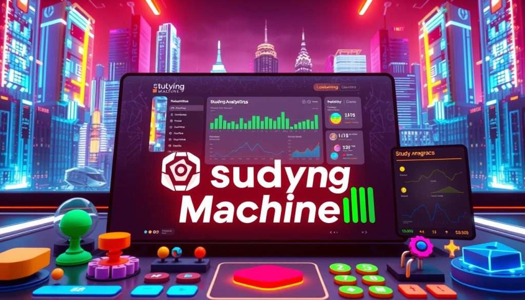 A vibrant, game-like interface showcasing the "Studying Machine" brand, set against a futuristic, tech-inspired background. In the foreground, colorful icons, progress bars, and leaderboards gamify the learning experience, captivating the user. The middle ground features a sleek, minimalist dashboard displaying study analytics, goals, and rewards. In the background, a cityscape of gleaming skyscrapers and holographic displays reflects the cutting-edge nature of this educational technology. Warm lighting and a sense of dynamism create an atmosphere of engaged, motivated learning.