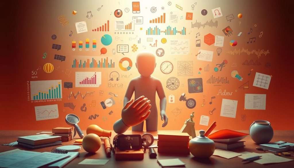 A vibrant illustration of multimodal encoding, capturing the synergistic interplay of visual, auditory, and kinesthetic elements. In the foreground, a central figure engages in tactile manipulation of various objects, exploring their textures and shapes. Surrounding this focal point, an array of multimedia stimuli unfolds - colorful graphs, diagrams, and infographics pulsing with information; audio waveforms dancing across the scene; and scattered notes, jottings, and sketches that weave a tapestry of active, multisensory learning. The background bathes in a warm, contemplative lighting, conveying a sense of depth, interconnectedness, and the boundless potential of combining diverse encoding strategies for enhanced comprehension and retention.