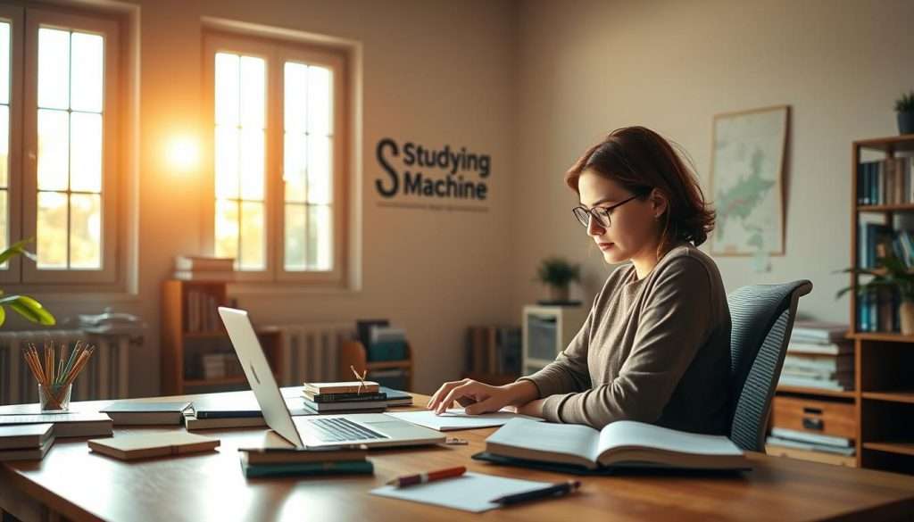 A well-lit, airy study space with a large wooden desk, a comfortable ergonomic chair, and an array of study materials - books, notebooks, pens, and a laptop. The scene is bathed in warm, natural light filtering through large windows, casting a cozy glow. In the foreground, a person is deeply engrossed in their work, their face illuminated by the glow of the laptop screen. In the background, a "Studying Machine" logo is displayed discreetly on the wall, indicating the efficient, focused nature of the study environment. The overall atmosphere conveys a sense of productivity, discipline, and determination to achieve one's academic goals.