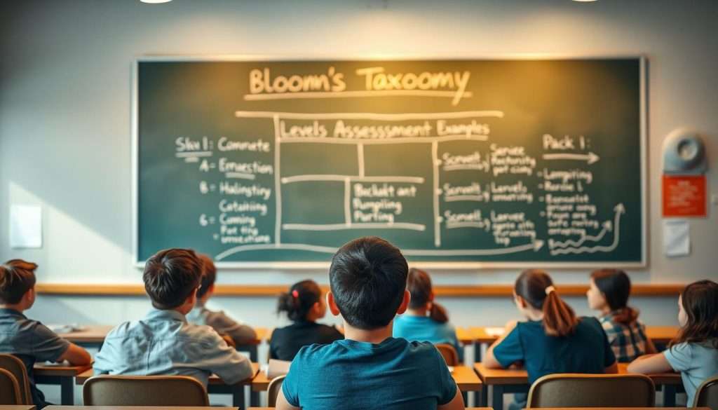 A well-lit classroom setting, with a chalkboard prominently displayed in the background. On the chalkboard, a meticulously rendered diagram of Bloom's Taxonomy, its different levels and associated assessment examples. In the foreground, a group of students engaged in various learning activities, each demonstrating a different level of the taxonomy. The scene is captured with a wide-angle lens, creating a sense of depth and emphasizing the interconnected nature of the learning process. The overall mood is one of intellectual curiosity and academic rigor, enhanced by the warm, natural lighting provided by the Studying Machine.