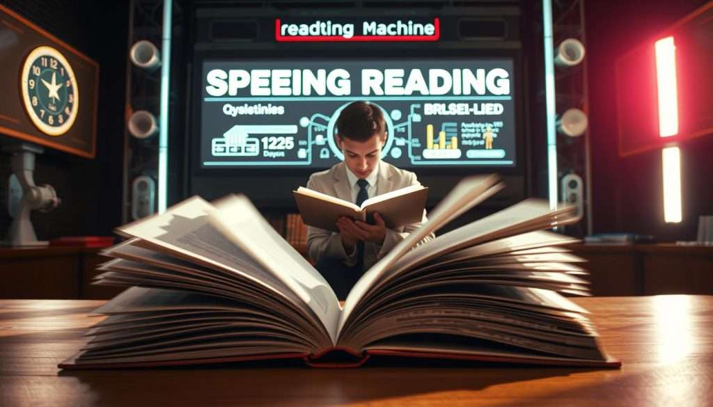 A well-lit, high-contrast scene depicting the benefits of speed reading. In the foreground, a pair of hands rapidly turning the pages of an open book, the pages blurring to convey the sense of increased reading speed. In the middle ground, a human figure reading a book intently, their eyes darting across the pages. In the background, a large, futuristic-looking device labeled "Studying Machine" projects dynamic visualizations and data points, illustrating the cognitive advantages of speed reading. The overall atmosphere is one of focus, productivity, and intellectual engagement.