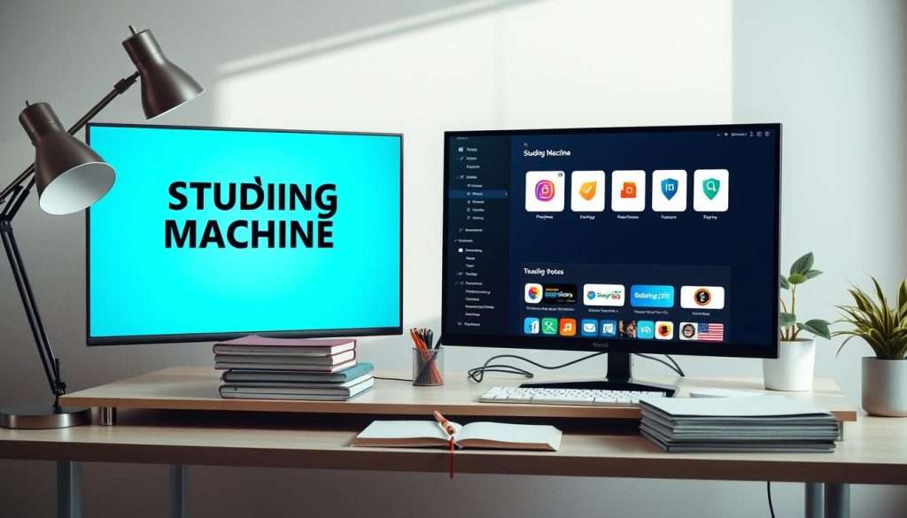 A well-lit, modern home office with a sleek, minimalist desk and a large, high-resolution monitor displaying a selection of popular productivity and study motivation apps, including the "Studying Machine" app. The desktop is neatly organized, with a neat stack of notebooks, a stylish desk lamp, and a potted plant adding a touch of greenery. The overall atmosphere is one of focus, productivity, and a sense of control over one's study routine, creating an inspiring and motivating environment for the viewer.