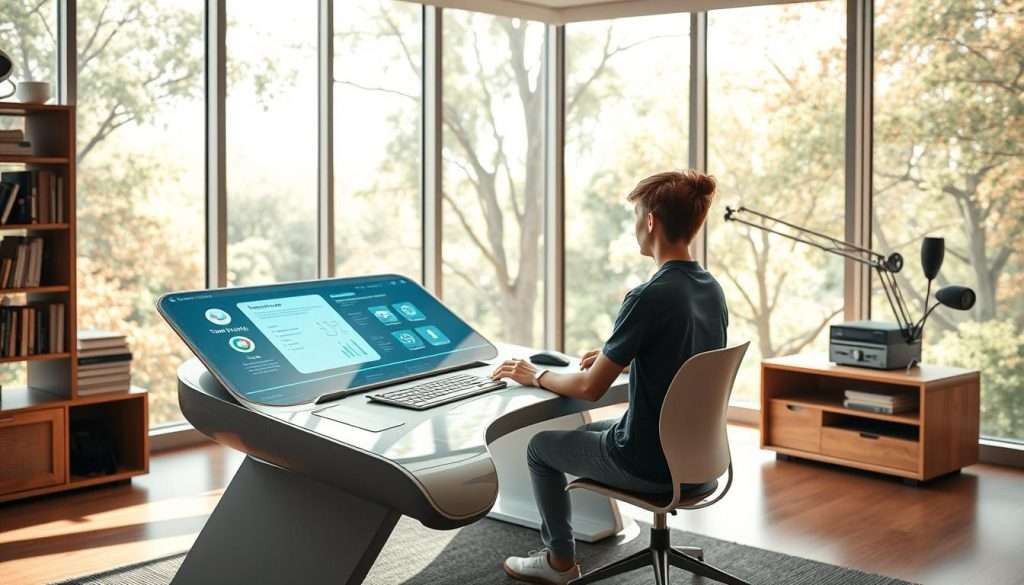 A well-lit study area with a sleek, futuristic "Studying Machine" desk in the foreground. The machine has a curved, minimalist design with a large holographic display, a tactile keyboard, and a personalized digital assistant interface. In the middle ground, a student sits at the desk, intently focused on the display, using active recall techniques like flashcards and mind maps. The background features a serene, nature-inspired setting with floor-to-ceiling windows, allowing natural light to filter in and create a calming, productive atmosphere.