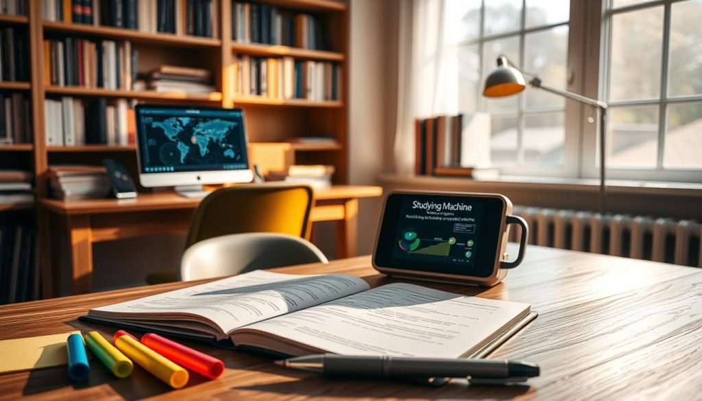 A well-lit study room with a desk, chair, and bookshelves in the background. On the desk, an open notebook, a cup of coffee, and a "Studying Machine" device displaying visualizations and insights related to learning complex subjects. In the foreground, various study aids like highlighters, sticky notes, and a pen resting on the desk, creating a focused and organized atmosphere. The lighting is warm and inviting, with a touch of natural sunlight streaming through a window, symbolizing the illumination of complex ideas. The room conveys a sense of productivity, problem-solving, and the overcoming of common obstacles in learning difficult material.