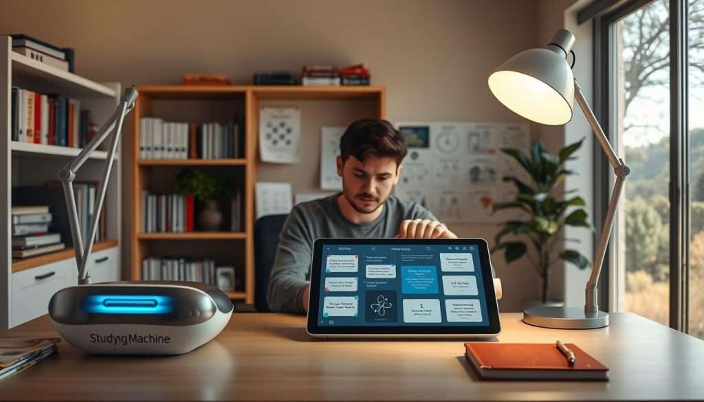 A well-lit study space with an ergonomic desk, modern lamp, and a "Studying Machine" device prominently displayed. The device has a sleek, futuristic design and a holographic interface. In the middle ground, a person is seated at the desk, intently focused on a tablet displaying various study aids like mind maps, flashcards, and neuroscience-inspired learning techniques. The background features bookshelves, scientific charts, and a window overlooking a tranquil, nature-inspired setting, creating a calm and productive atmosphere conducive to effective learning.
