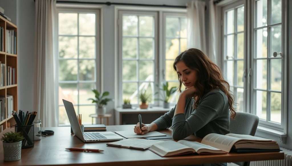 A well-lit study space with an organized desk, a laptop, stationery, and an open book. In the background, a bookshelf and a large window overlooking a peaceful garden. The lighting is soft and natural, creating a serene and focused atmosphere. The pose of the person sitting at the desk conveys a sense of productivity and engagement with the task at hand. The overall scene should inspire a sense of a thoughtful, structured, and distraction-free study routine.