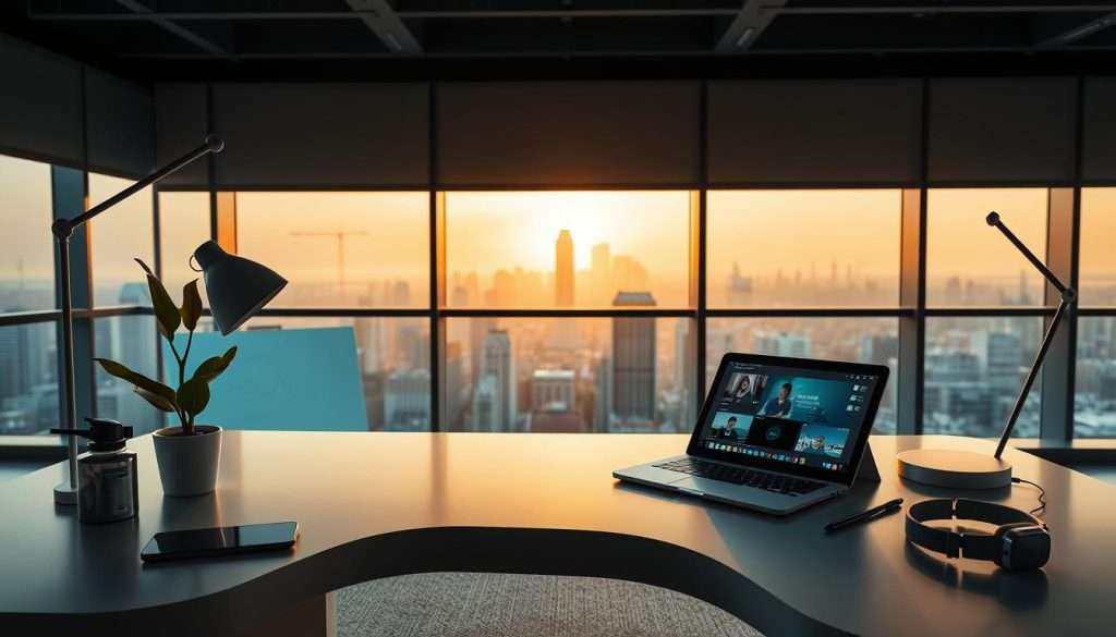 A well-lit workspace with a sleek, futuristic desk featuring a Studying Machine laptop, tablet, and stylus. The desktop is adorned with a plant, a minimalist lamp, and an array of digital devices - a smartphone, noise-cancelling headphones, and a smartwatch. The middle ground showcases virtual learning tools like interactive whiteboards and video conferencing windows. In the background, a large window overlooks a serene, modern cityscape bathed in warm, golden light, conveying a sense of productivity and inspiration.