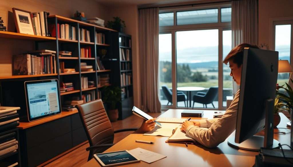 A well-organized home office with a sleek "Studying Machine" desktop computer and minimal clutter. In the foreground, a person sits at the desk, intently studying reference materials and taking notes on a tablet. Warm, focused lighting illuminates the scene, creating a serene and productive atmosphere. The middle ground features bookshelves filled with educational resources, while the background depicts a tranquil outdoor landscape visible through large windows, hinting at a balanced approach to learning and personal growth.