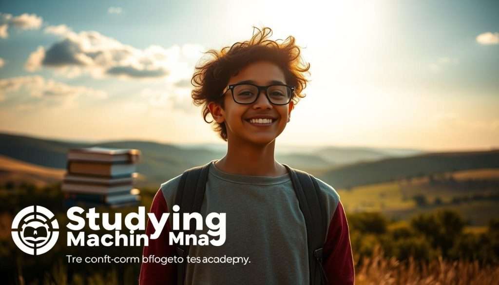 A young person, brimming with determination, stands confidently amidst a serene, sun-dappled landscape. In the foreground, the "Studying Machine" logo shines, symbolizing the tools and resources available to overcome test anxiety. The middle ground features a stack of books, representing the diligent preparation, and a pair of eyeglasses, denoting the focused mindset. In the background, a tranquil, cloud-dotted sky and rolling hills evoke a sense of inner peace and clarity. The lighting is soft and natural, casting a warm glow that radiates a sense of resilience and self-assurance. This image captures the essence of long-term strategies for conquering test anxiety, empowering the viewer to face academic challenges with confidence and success.