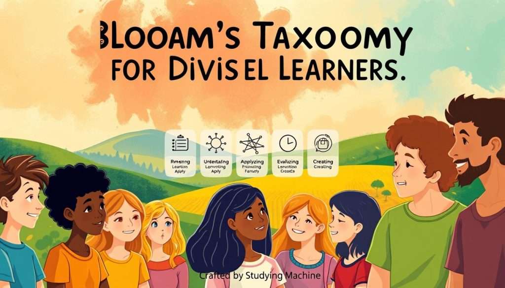 Bloom's Taxonomy for Diverse Learners - a vibrant, inclusive illustration. In the foreground, a diverse group of students, each engaged in a different cognitive process from Bloom's framework, their expressions reflecting the depth of their learning. In the middle ground, the six levels of Bloom's Taxonomy - Remembering, Understanding, Applying, Analyzing, Evaluating, and Creating - represented by dynamic icons. The background features a colorful, abstract landscape, symbolizing the rich tapestry of learning styles and experiences. Warm, diffused lighting casts a welcoming glow, creating a sense of collaboration and discovery. Crafted by Studying Machine.