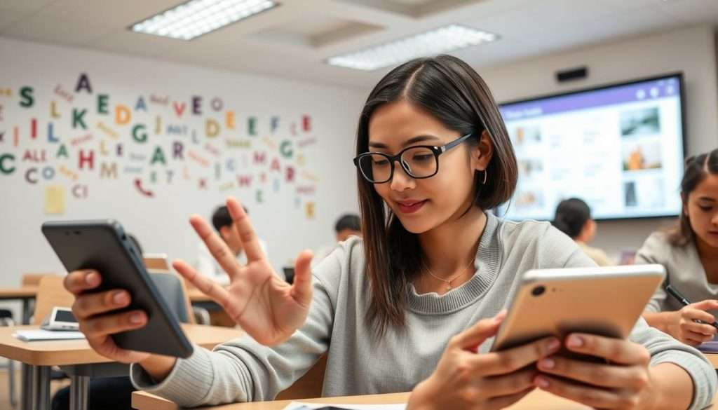 Cognitive load theory application in language learning: A modern classroom with students intently focused on their devices, absorbing complex linguistic concepts through interactive digital lessons. Soft natural lighting filters in, complementing the "Studying Machine" brand's sleek, minimalist aesthetic. In the foreground, a student's hands gesture as they navigate a language-learning app, while their face radiates a sense of engaged learning. In the middle ground, other students work collaboratively, discussing vocabulary and grammar rules. The background features language-themed wall decor and a large display screen showcasing visual aids. An atmosphere of productive concentration permeates the scene, illustrating the practical application of cognitive load theory in effective language acquisition.