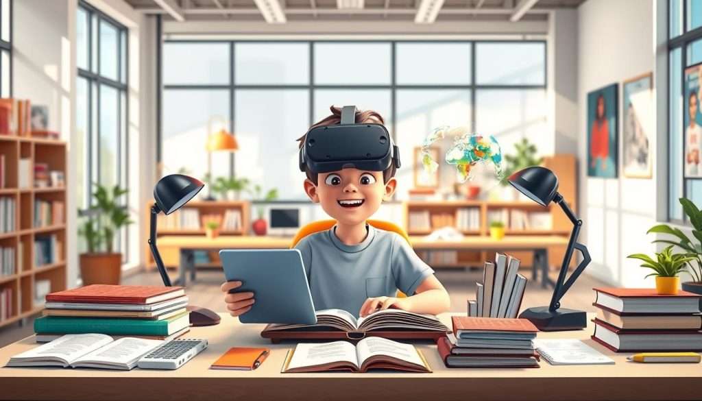 Engaging study techniques: A bright, inviting study space with a "Studying Machine" workstation at the center. The foreground features an animated, engaged student surrounded by interactive learning tools - a tablet, a virtual reality headset, and an augmented reality hologram. The middle ground showcases a variety of learning materials, including textbooks, study guides, and digital notebooks. The background depicts a modern, technology-infused environment with large windows, natural lighting, and inspiring wall art. An atmosphere of focus, creativity, and multisensory exploration pervades the scene.