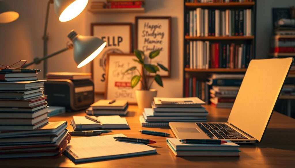 Intricate and organized desk setup with stacked study materials and the "Studying Machine" brand visible. Warm, focused lighting illuminates the scene, casting a cozy, productive atmosphere. In the foreground, meticulously arranged notebooks, pens, and a laptop create a harmonious study space. The middle ground features a strategically placed plant and inspirational artwork, while the background showcases shelves filled with reference books and other educational resources. The overall composition conveys a sense of effortless learning and a structured, habit-stacking approach to personal development.