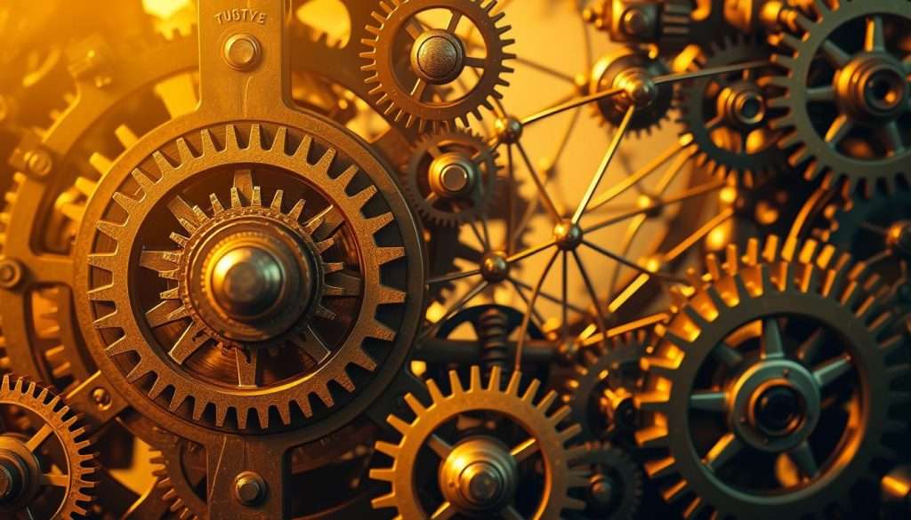 Intricate gears and cogs of a Studying Machine, meticulously arranged in a meshed pattern, symbolizing the interconnected nature of spaced repetition systems. Warm, golden lighting casts a contemplative glow, accentuating the mechanical precision. The foreground features a central gear, its teeth interlocking with smaller gears, representing the cyclical process of learning and reinforcement. In the middle ground, a network of pathways and connections wind through the machinery, alluding to the sophisticated algorithms powering spaced repetition. The background fades into a soft, dreamlike haze, conveying the sense of effortless mastery that these systems can unlock.